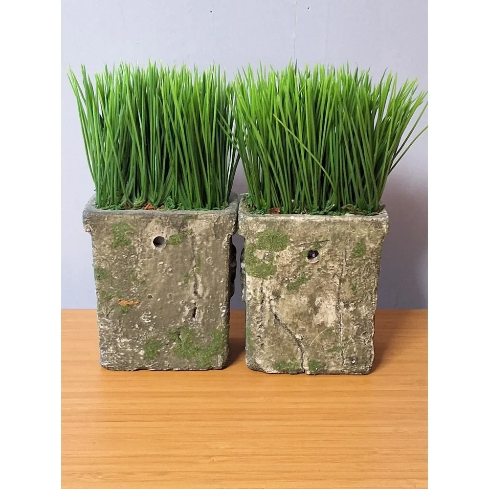 Pair Of Artificial Potted Green Grass Plants In Rustic Concrete Hangable...